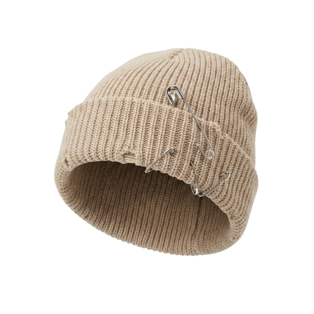 Cuffed skull beanie with safety pin