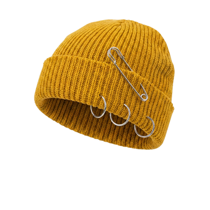 Cuffed skull beanie with safety pin